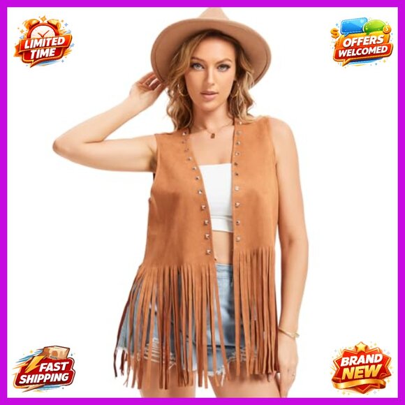 Faux Suede Fringe Vest Sleeveless Western Hippie Costume XXL - Picture 5 of 7